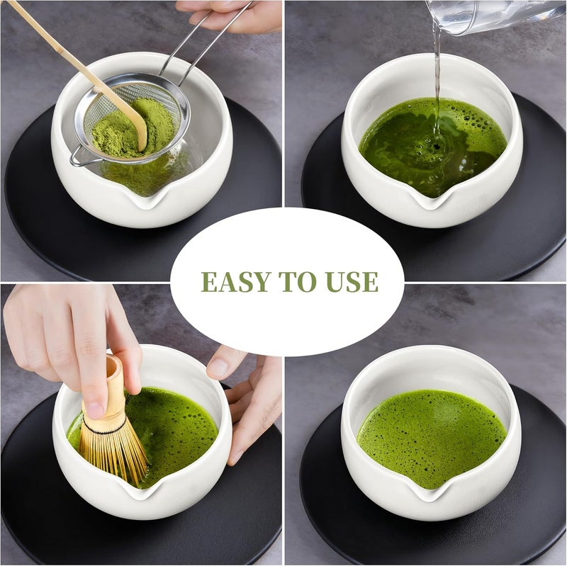 YIBO Matcha Whisk Set White, Matcha Set Kit Includes Ceramic Matcha Bowl, Bamboo Whisk, Scoop, Measuring Spoon & Cup, Chasen Holder, Sifter Tool - Image 4